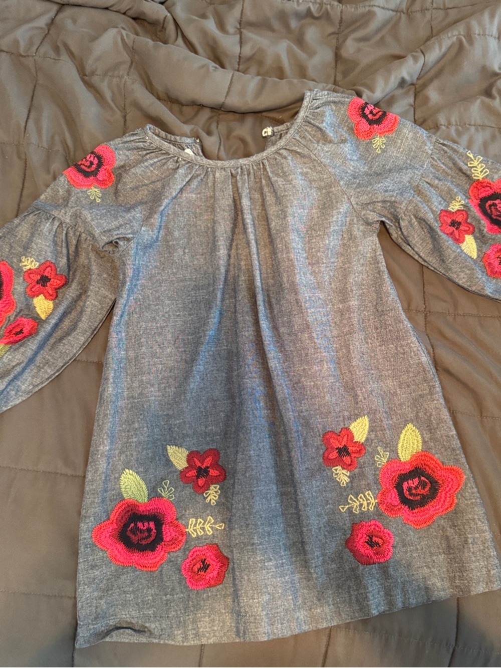 Mud Pie Gray Denim-Look Dress with Pink and Red Floral Embroidery